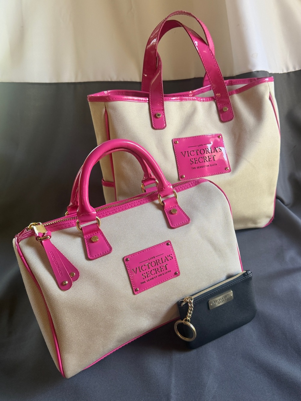 Victoria's Secret Y2K Cream Canvas Tote & Satchel with Hot Pink Trim bundle